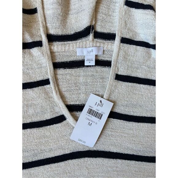 NEW J.Jill Hooded Top size M Cotton Blend Striped Cream Navy Black - Picture 4 of 8